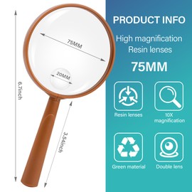 Feosky Handheld Reading Magnifier, 10X 30X Magnifier, 75mm Shatterproof Lens, Rubbery with Non-Slip Soft Handle for Seniors Reading and Kids Nature Exploration (Light Brown