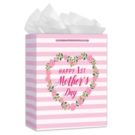 WaaHome Happy First Mothers Day Gift Bag with Tissue Paper, 11.5'' Pink Flower 1st Mothers Day Paper Bag with Handle, Mothers Day Gifts for First Time Mom New Mom Expecting Mom from Daughter Son