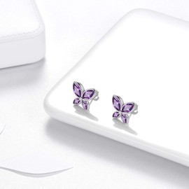 Aurora Tears Purple Butterfly Stud Earrings Women 925 Sterling Silver Animal Butterflies February Birthstone Amethyst Stud Earrings Crystal Wedding Birthday Jewellery DE0229F, Glass, Cubic Zirconia