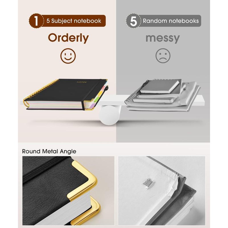 Hardcover Spiral Notebook journal with Removable Dividers Tabs, 300 Pages