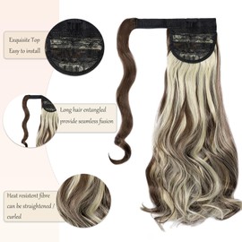 Dcbaboo Ponytail Hairpiece Braid Extensions Wavy Long 50 cm Wrapped Ponytail Extension Hair Extension Braid Clip Synthetic Curly Ponytail Extension Wavy Chestnut Brown & Bleach Blonde