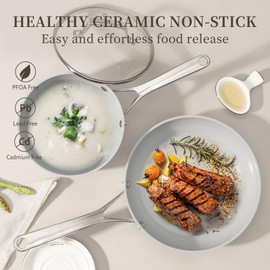 TIAJO 5 Piece Ceramic Nonstick Cookware Set, 9.5 inch fry pan and1.8 quart sauce pan with lid, Eco-Friendly Coating, PFAS & PTFE & PFOA Free, Dishwasher Safe, Oven Safe - White & Gray