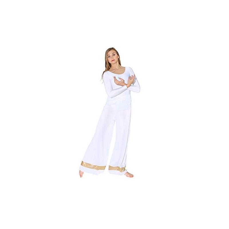 Danzcue - Pantalón Palazzo para mujer, blanco-dorado, 2X-3X