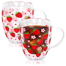 JarThenaAMCS Strawberry Double Wall Glass Coffee Mugs 12Oz Sweet Berry Flower Insulated Glasses Clear Espresso Cups with Handle for Home Holiday Supplies, Set of 2