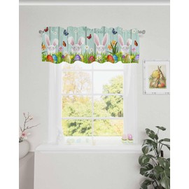 Zadaling Easter Spring Valance Curtain Rod Pocket for Kitchen, Easter Eggs Bunny Green Short Topper Curtains Wood Grain Privacy Window Treatment for Living Room Bathroom 54 x 18 Inch, 1 Panel