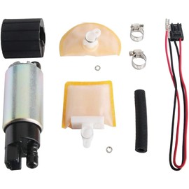 MUCO Bomba de combustible eléctrica de alto flujo 255LPH con colador/filtro + junta de goma/manguera + abrazaderas de acero inoxidable + arnés de cableado universal MCP-203A