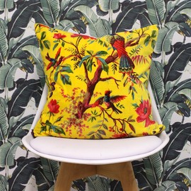 Riva Paoletti Paradise Square Cushion Cover - Yellow - Colourful Bird Print - Faux Velvet Fabric - Machine Washable - 100% Cotton - 50 x 50cm (20" x 20" inches) - Designed in the UK