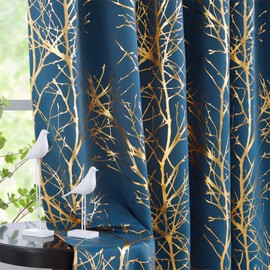 FMFUNCTEX 100% Blackout Curtains for Bedroom, Curtains 63 Inches Length Gold on Blue Foil Tree Curtains for Living Room, Metallic Thermal Insulated Window Drapes, Grommet Top 2 Panels