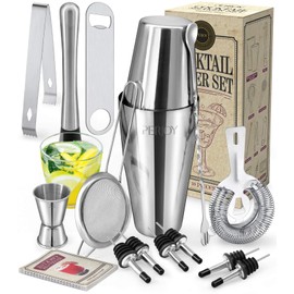 Perjoy Cocktail Shaker Set, 16 Piece Bartender Kit, Cocktail Shaker, Stainless Steel Bar Set Accessories, Coktail Set, Boston Shaker, Drink Mixer Shaker, Bartending Bar Tools with Muddler Spoon Jigger