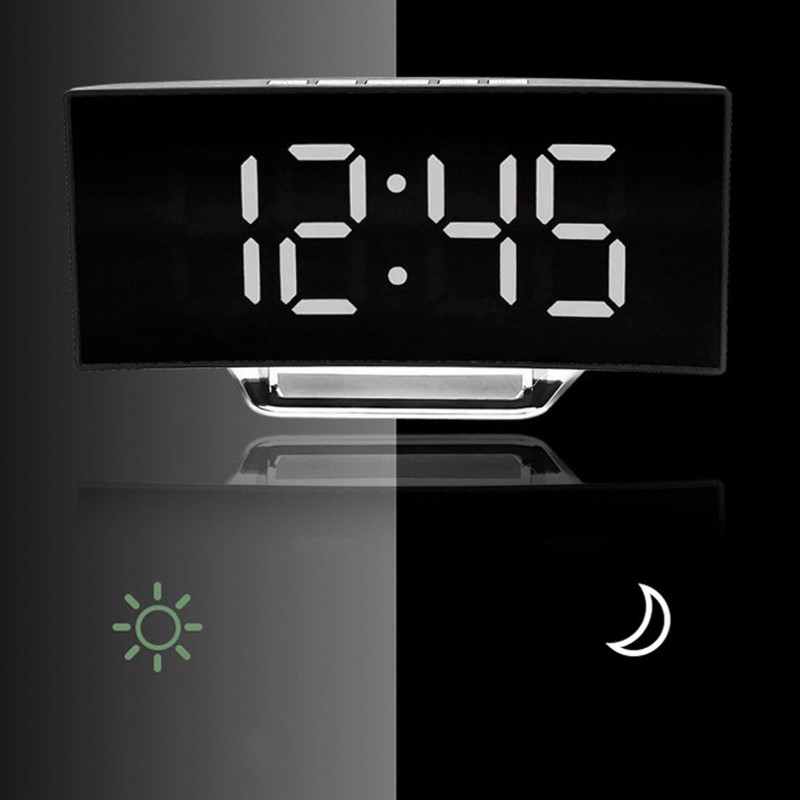 Digital Alarm Clock Mirror Smart Light Sensing Curved Screen LED