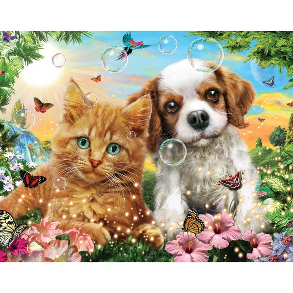 Bits and Pieces - 100 Large Piece Jigsaw Puzzle - Kitten and Puppy - 100 pc Cat and Dog Jigsaw by Artist Adrian Chesterman