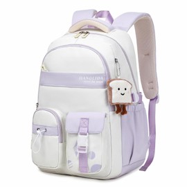 Amythe School Backpacks for Girls, Water-Resistant School Bag with Kawaii Pendant, Teen Girls BookBag for Primary Secondary School, Lightweight Casual Rucksack for Travel,Purple