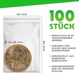 V1 TRADE Zip Bags Set of 100 40 x 60 mm - Baggys - Robust Ziplock Bags - Resealable Bags for Better Organisation - Plastic Bags Sealable