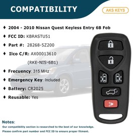 AKS KEYS Replacement for Nissan Key Fob 6 Buttons That Use FCC KBRASTU51 and Part Number 28268-5Z200 - 315 MHZ Compatible with Quest 2004 2005 2006 2007 2008 2009 2010 (2)
