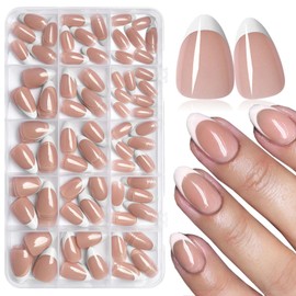 300pc White French Tips Press on Nails Short Almond Fake Nails with Glue Tabs, Short Nails Press ons Nail Square Coffee Acrylic Nails French False Nail Artificial Fingernail 15 Sizes for Women Girls