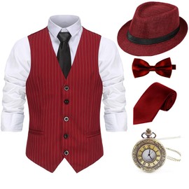 Gionforsy 1920s Mens Costume Gatsby Gangster Costume Accessories Set 20s Hat Suspenders Bow Tie (Winered Stripe-Panama Hat, Large)