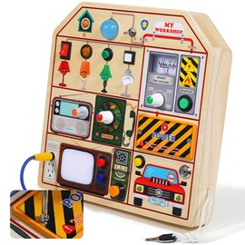 JAUNTY Montessori Wooden Busy Board for Toddlers 1 2 3 Years Old, Wooden Sensory Toddler Toys with LED Light Switches, TV Radio Telegram and Car Driving, Travel Toys Birthday for Boys Girls