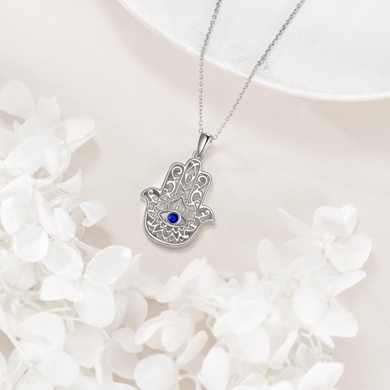 VONALA Hamsa Necklace S925 Sterling Silver 14K White Gold Plated