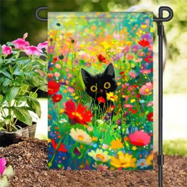 BlissYard Spring Garden Flags 12x18 Double Sided Spring Decor Front Porch Decor Black Cat in Flower Field Vibrant Seasonal Outdoor Decor Spring Yard Flag Spring Garden Flags For Outside