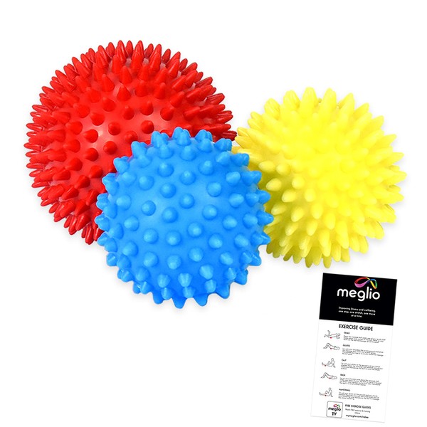 IGEMY Spiky Massage Balls | Trigger Point Deep Tissue Roller Set for Muscle Recovery & Stress Relief for Sore Muscles - Set of 3 10cm (Red) 8cm (Yellow) 6cm (Blue) - Exercise Guide Included