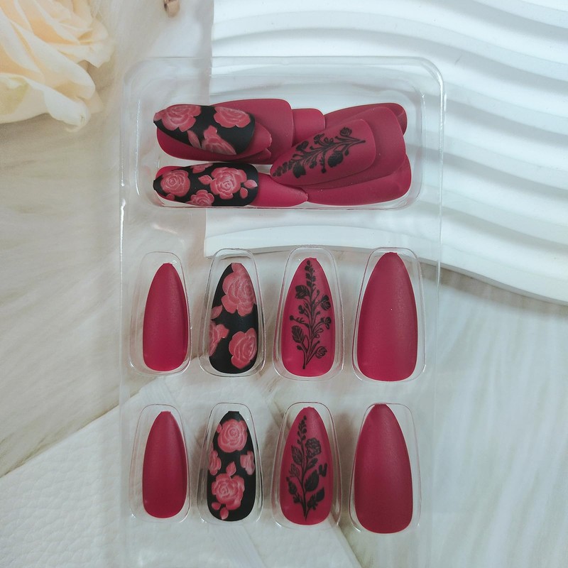 Almond Press on Nails Valentines Medium Wine Red Fake Nails