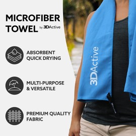 3DActive Microfibre Towel for Gym, Sports and Travel. Ultra Absorbent, Quick Drying, Lightweight, Compact with Carry Bag, Perfect for Workouts, Beach and Outdoors (Large (60x120cm), Blue)