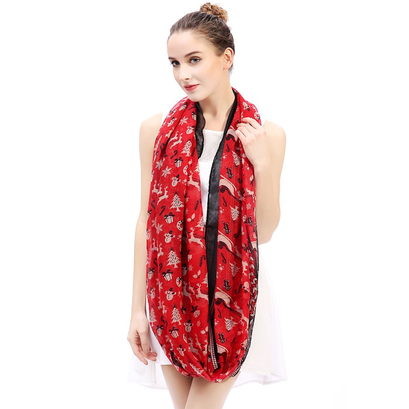 Lina & Lily Women's Loop Scarf with Christmas Pattern, red