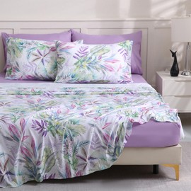 LONAVA Floral Queen Size Bed Sheet Set, 6 Piece, Deep Pocket Taro Purple Fitted Sheet, Comfy & Breathable Patterned Flat Sheets, 100% Brushed Microfiber, Tropical Botanical Verdure Printed