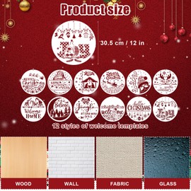 12pcs Christmas Painting Template, 12 Inch Small Round Christmas Stencils for Painting on Wood with Hole Christmas Ornament Elk Merry Christmas Tree Patterns Holiday Christmas Sign for DIY Crafts