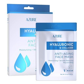 Azure Cosmetics Hyaluronic Acid & Collagen Anti Aging Sheet Facial Mask - Rejuvenating & Moisturizing Face - Helps Reduce Fine Lines & Wrinkles, Tightens & Smooths - Made in Korea - Pack of 5