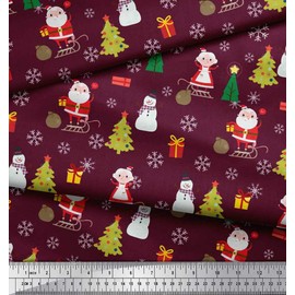 Soimoi Purple Rayon Fabric Snowman,Santa & Tree Christmas Print Fabric by the metre 42 Inch Wide