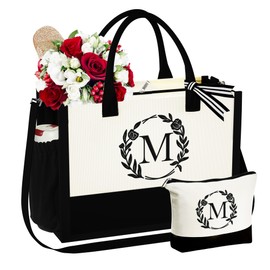 YOOLIFE Anniversary Tote Bag Gifts for Women, Birthday Gifts for Mom Grandma Gifts Large Beach Bag Travel Makeup Bag Wedding Bridesmaid Sister Friend Teacher Wife Aunt Women Gifts for Women Letter M