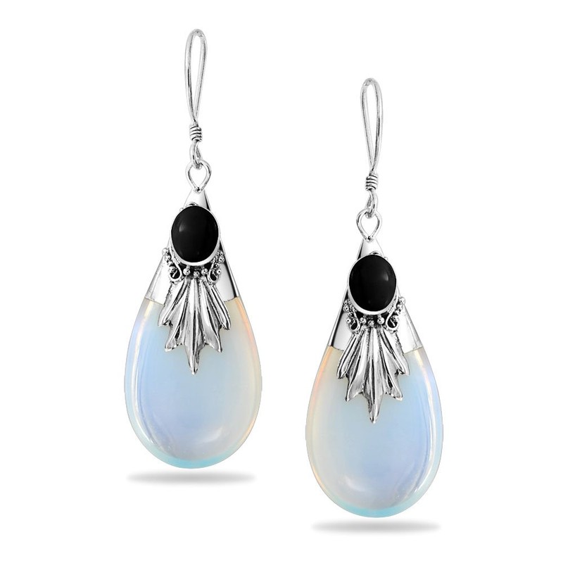 Western Style Rainbow Opalite Glass Teardrop Pear Shaped Dangle Black