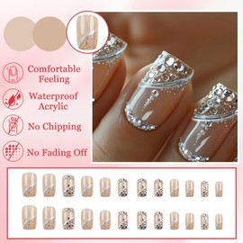 24Pcs Nude Pink French False Nails, 12 Sizes Short Square Press on Nails with Glitter Rhinestones, Natural Removable Manicure Kit Full Cover Acrylic Stick on Nails for Women Girls Daily Wear