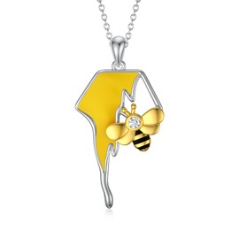 URONE Sterling Silver Honeycomb with Bee Necklace Honey Bumble Bee Pendant Jewellery Gifts for Women Girls, Sterling Silver, Zircon