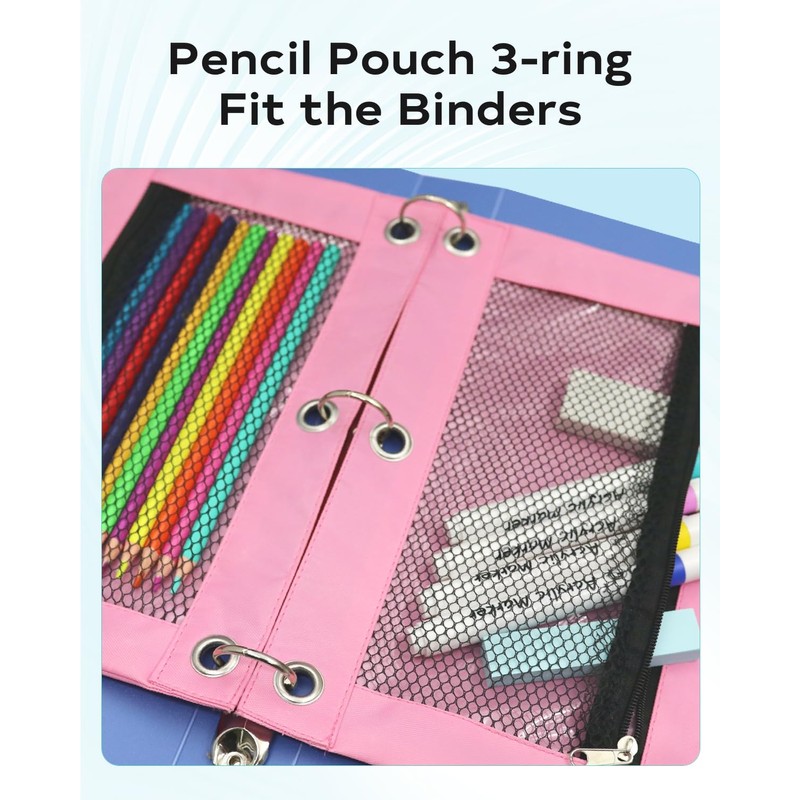ASBEFORE Pink Pencil Pouch for 3 Ring Binder - Zipper