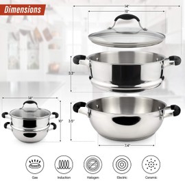 AVACRAFT 18/10, 3 Piece Stainless Steel Steamer Cooking Pot & Pan Set with Glass Lid, Momo Maker, Induction