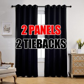 MIUCO 1 Pair Thermal Insulated Grommet 52-Inch-by-84-Inch Blackout Window Curtain Panels with 2 Tie Backs, Black