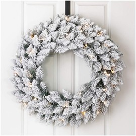 Glitzhome 24" D Pre-Lit Snow Flocked Christmas Wreath with Warm White LED Lights and Timer Artificial Decoration Wreath for Front Door Wall Window Indoor Outdoor Christmas Decorations