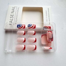 ONPRESS 24Pcs 4th of July Press on Nails Short Almond Fake Nails Independent Day Acrylic Nails False Nails Blue Star White Red French Tip Glue on Nails Pink Nude Reusable Stick on Nails for Women