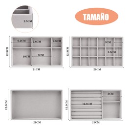Cajas de Joyería Caja de Almacenamiento de Joyería Bandeja de Caja de Joyería Multifuncionales Caja de Joyería Pequeñas Viaje Portátiles Desmontables de 4 piezas Anillos Aretes Pulseras Collares -Gris