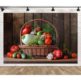 Loccor 7x5ft Fabric Fresh Vegetables Backdrop Health Organic Vegetables in Basket on Wooden Board Background for Vegetarian Party Decorations Photo Studio Props