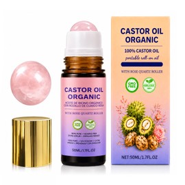 Organic Castor Oil Roller Ball, 100% Organic Castor Oil On with Rose Quartz Roller Ball, Cold-Pressed, Hexane-Free, Helps Firm Skin, Reduce Fine Lines & Nourish, for All Skin Types (50ml/1.7oz)
