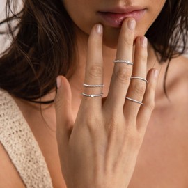 Picuzzy Silver Rings for Women, Dainty Stackable Silver Plated Rings Adjustable Beaded Thin Eternity Bands Wedding Rings Band Ring Set Bands for Women Size 5-10in Christmas Gifts, Silver, Cubic