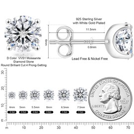 KRKC Moissanite Earrings, Diamond Stud Earrings For Women Men, 14K White Gold Earrings, D Color VVS1 Lab Created Diamond 925 Sterling Silver Solitaire Earrings,Gifts For Mom Wife Girls, 3Carats