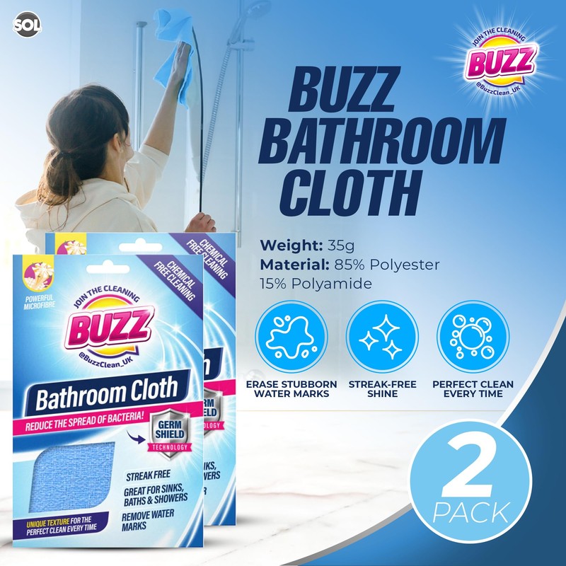 2pk Buzz Bathroom Cleaning Cloths with Germ Shield, Streak-Free Bathroom