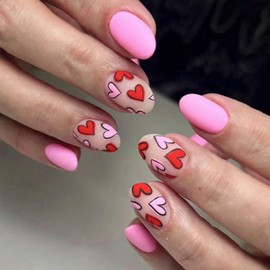 Valentines Press on Nails Short Square Fake Nails Pink False Nails with Designs Red Pink Heart Stick on Nails Glossy Glue on Nails Pink Valentines Nails Acrylic Nails for Women Girls 24 Pcs
