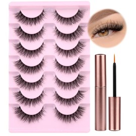 Natural Wispy Fluffy Lashes with Glue Cat Eyes Mink Lashes Clear Band Eyelashes with Glue Kit Russian Strip Lashes Natural Look False Eyelashes Extension Strip Lashes D Curly 7 Pairs Pack - Specification: Z-16MM