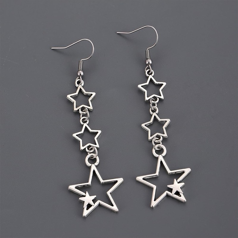 Boho Silver Star Drop Dangly Earrings for Women, Statement Retro