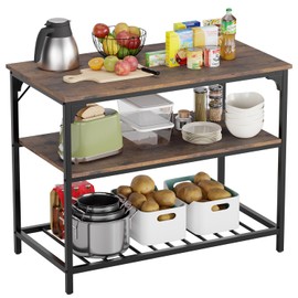 3 Tier Kitchen Island with Shelves Sturdy Kitchen Island Table Kitchen Counter with Storage Shelves Wooden Table Top Adjustable Feet for Kitchen Dining Room Home Coffee Shop, Brown